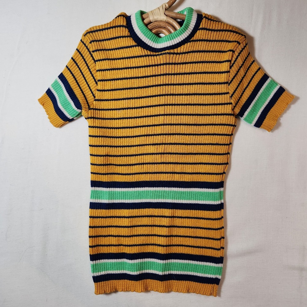 Vintage 70s Celesta Striped KnitTop Yellow Green Blue Ribbed‎ Age 8-9